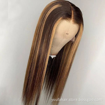 High Quality Human Hair Ombre Highlight 4*4 HD Lace Closure Wig Mixed Color 4/27 Piano Color Hair Lace Front Wig For Black Woman